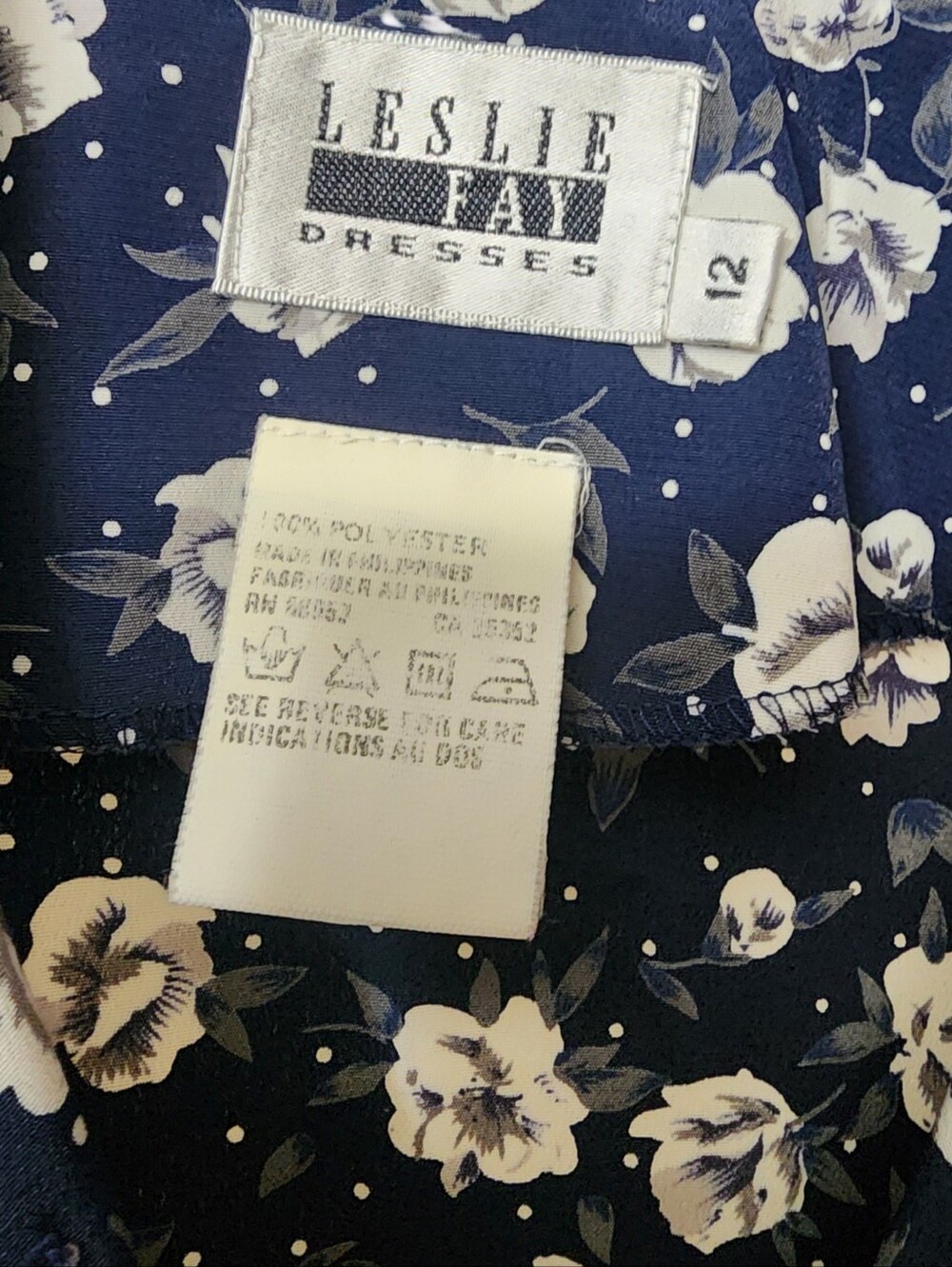 LESLIE FAY VINTAGE 80s/90s Secretary Core Shirtdress Navy/ White Ditsy Floral 12 - Picture 3 of 4
